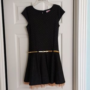 Girls black drop waist dress with gold polka dots
